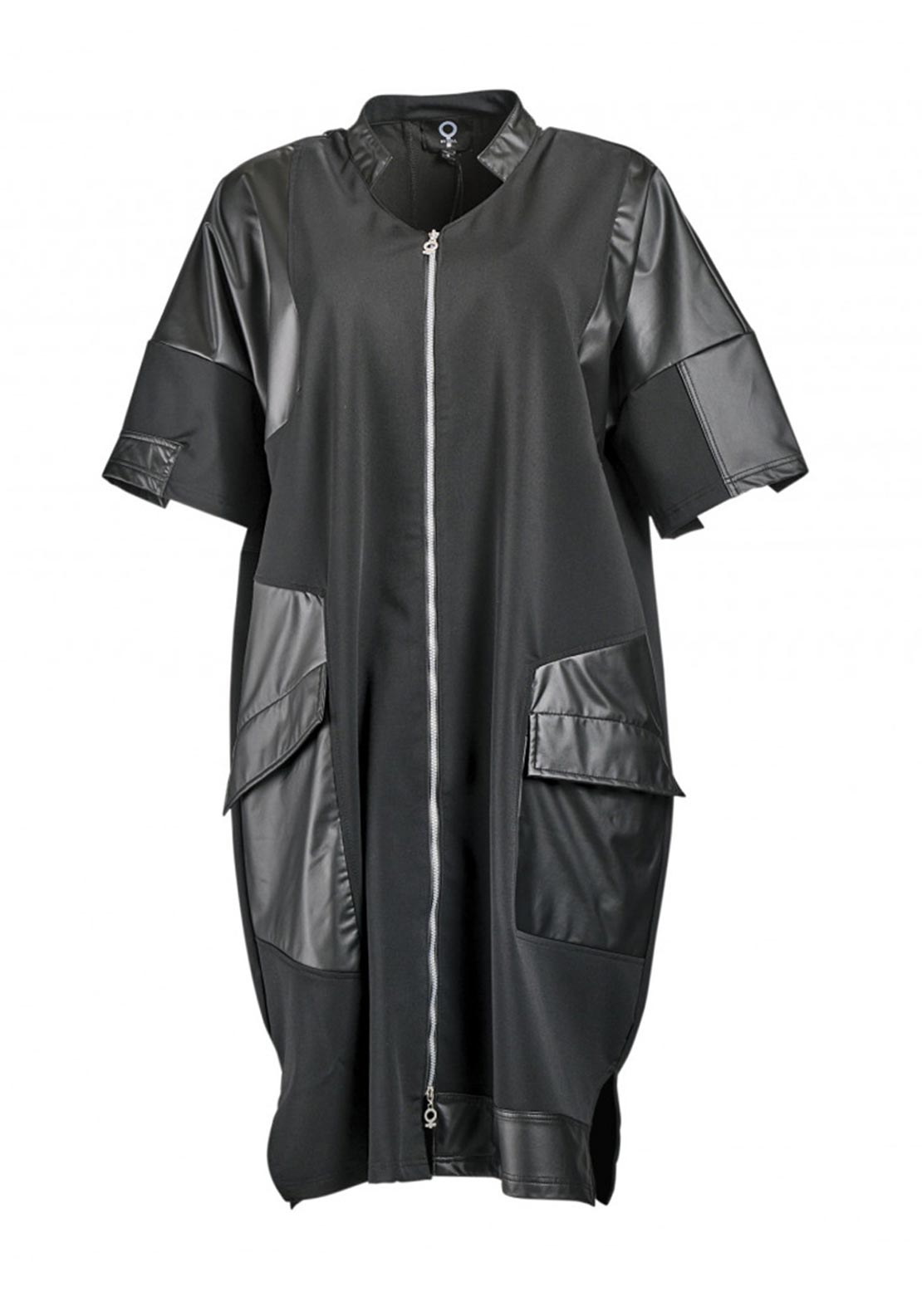 STRETCH Long Leather Panel Contrast Jacket, Black