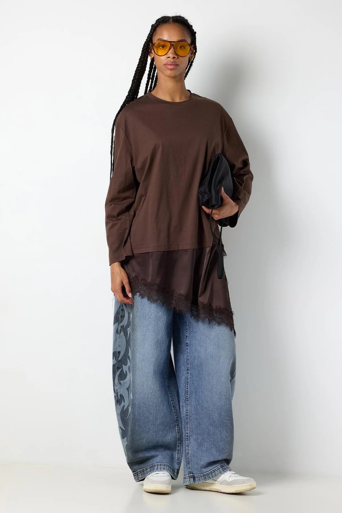 NMFILLA L/S OVERSIZE SATIN LACE T-SHIRT