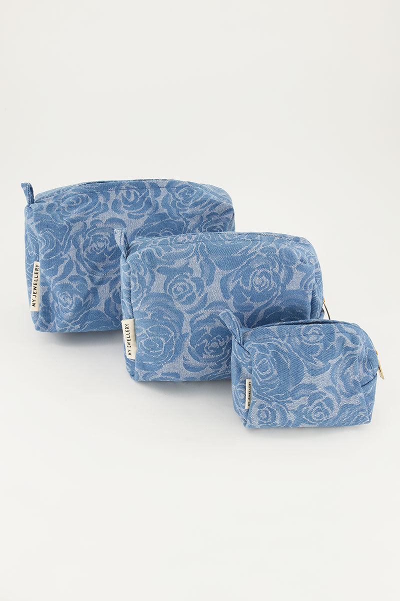 Denim toiletry bag set with rose print