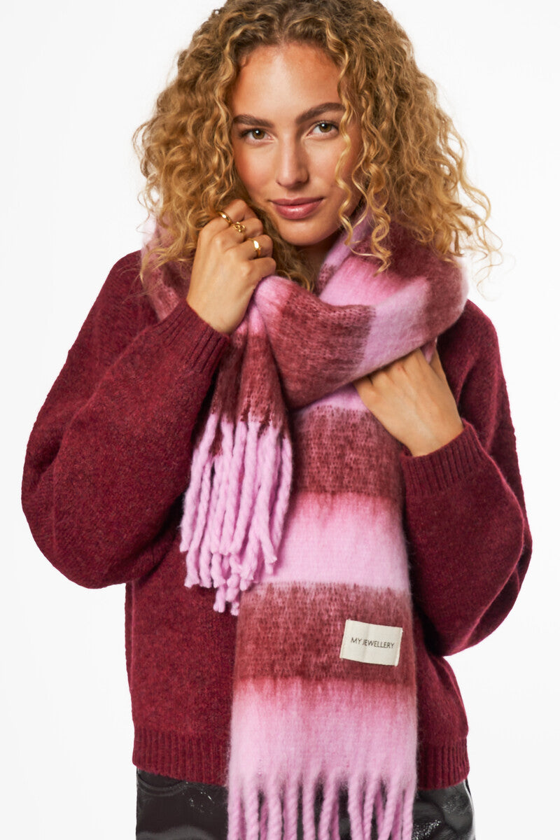 Pink scarf with burgundy stripes and fringe