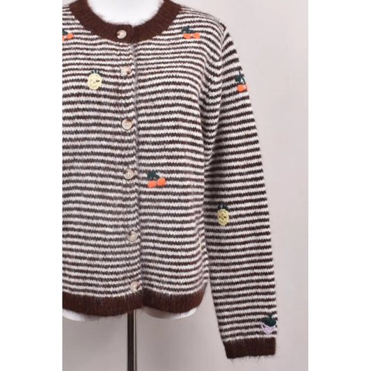 Knitted Cardigan w.stripes & embrodery