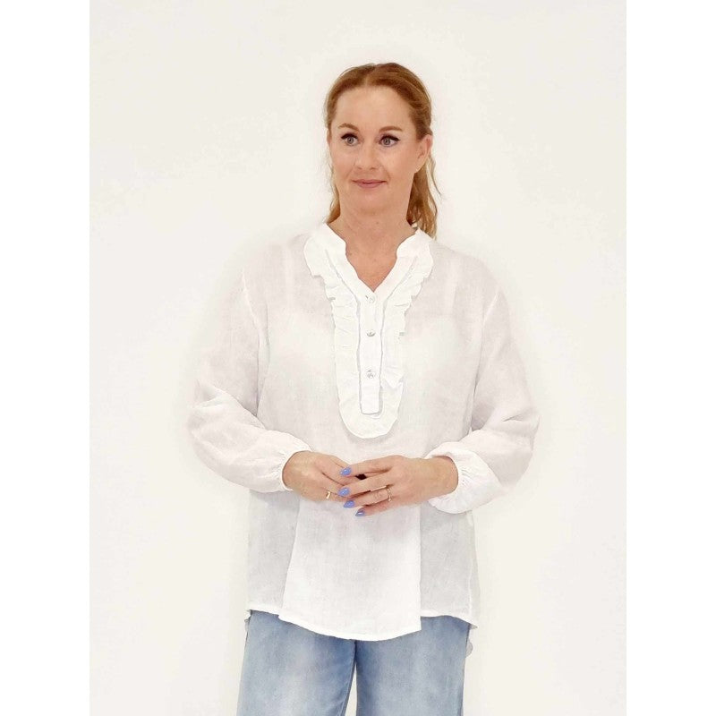 Tunika/bluse hør med flæser WHITE