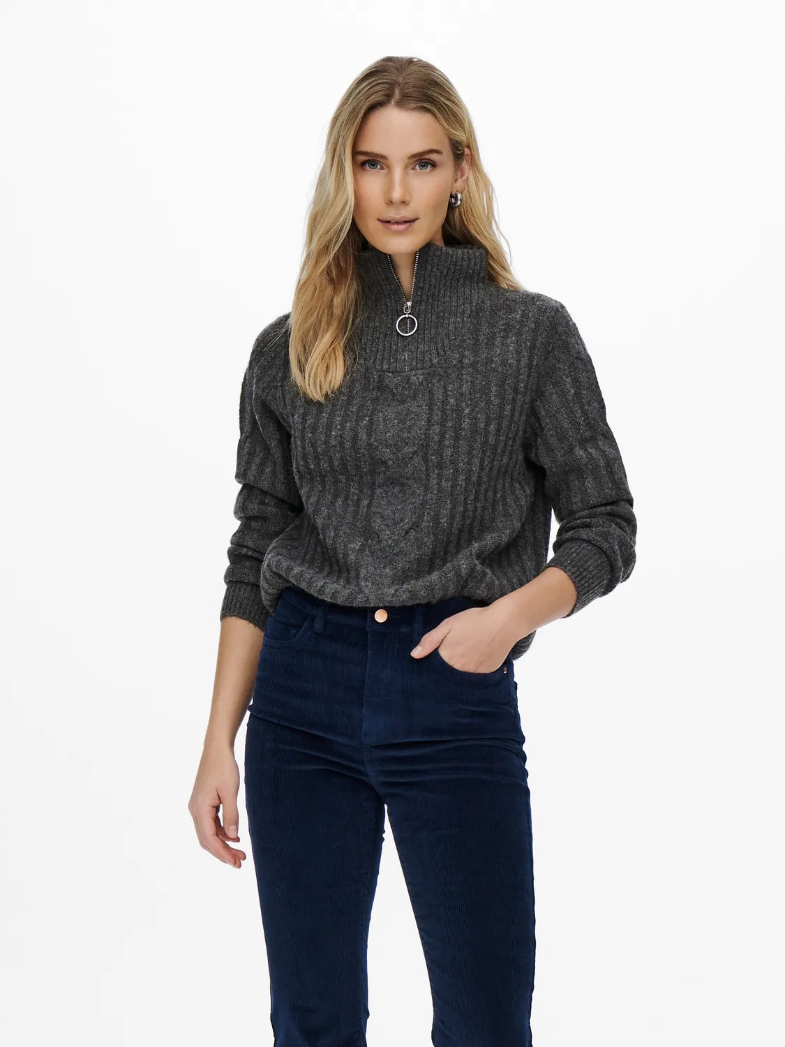 JDYANDREA L/S ZIP CABLE PULLOVE KNT  DK GREY