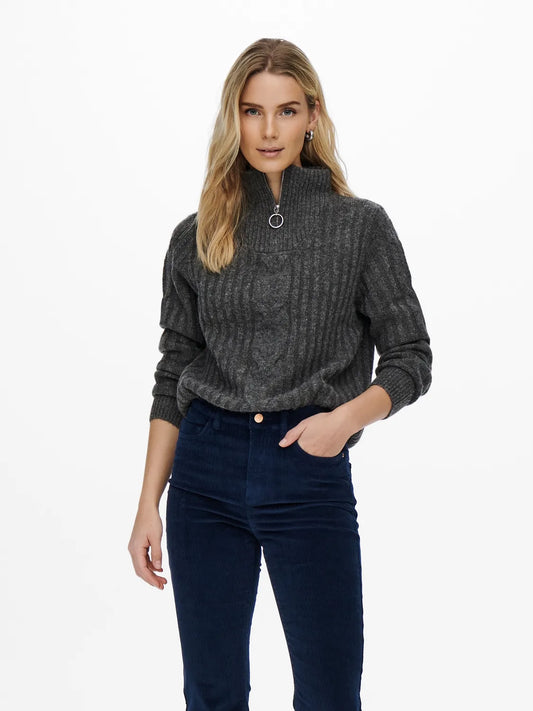 JDYANDREA L/S ZIP CABLE PULLOVE KNT  DK GREY