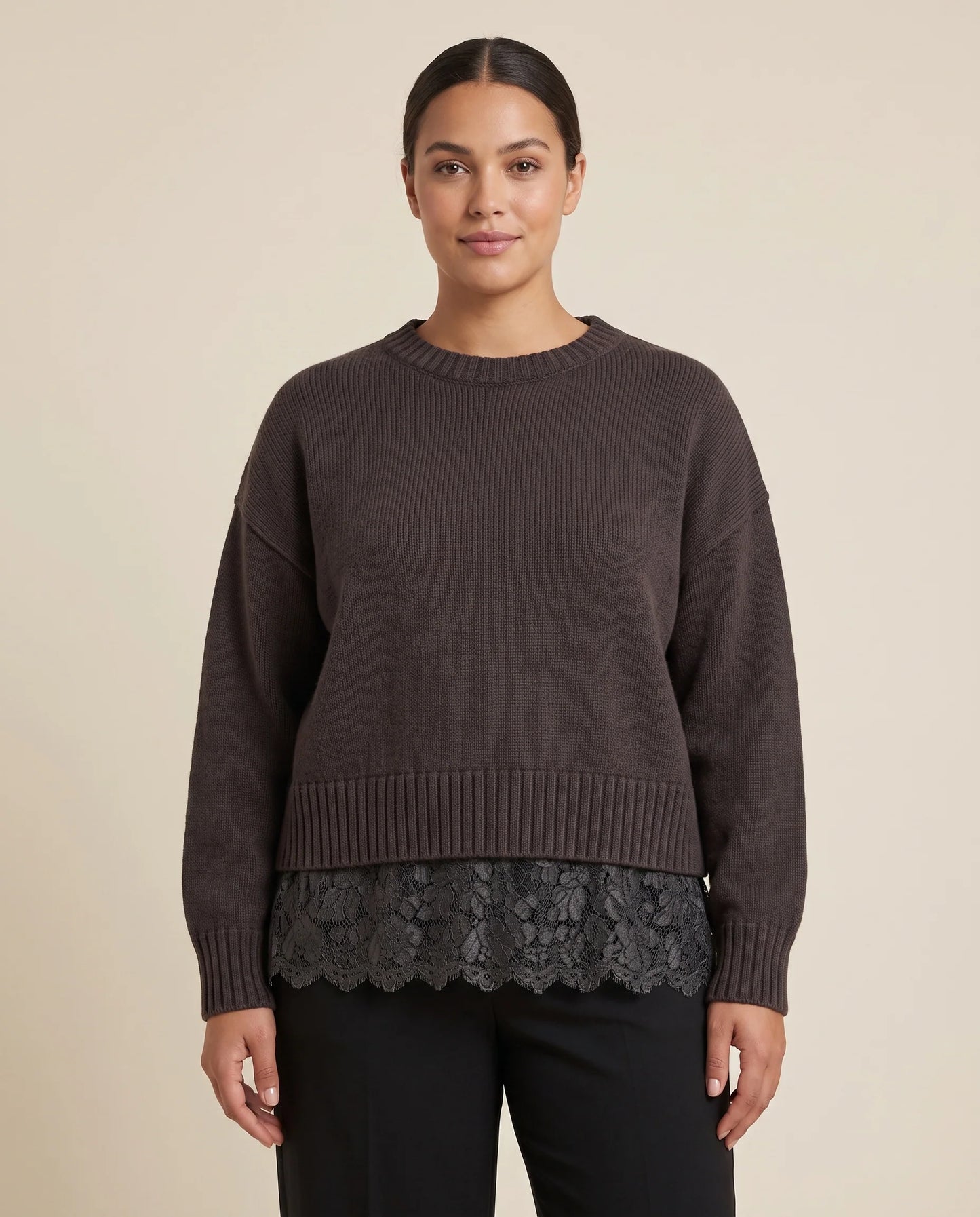 CAREVIE LS LACE MIX O-NECK KNT