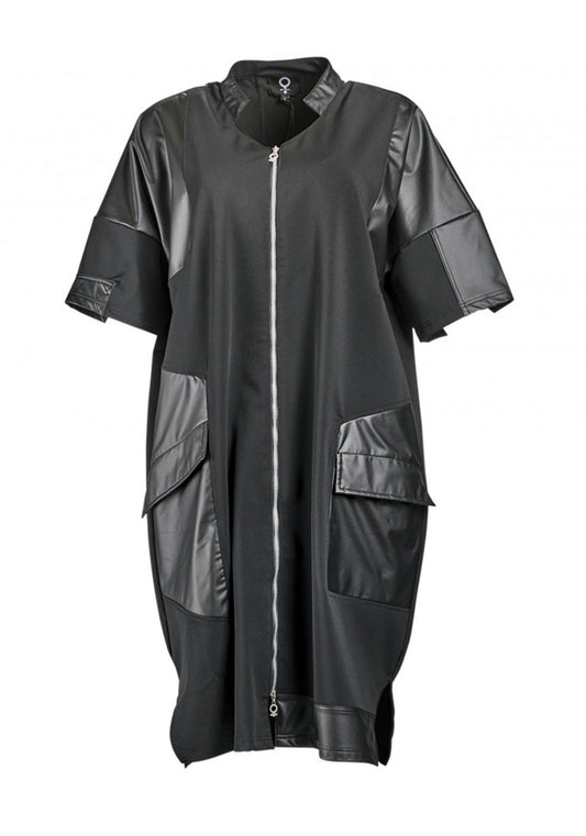 STRETCH Long Leather Panel Contrast Jacket, Black
