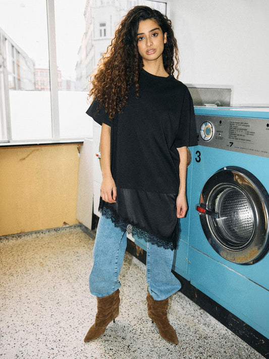 NMFILLA S/S OVERSIZE SATIN LACE T-SHIRT