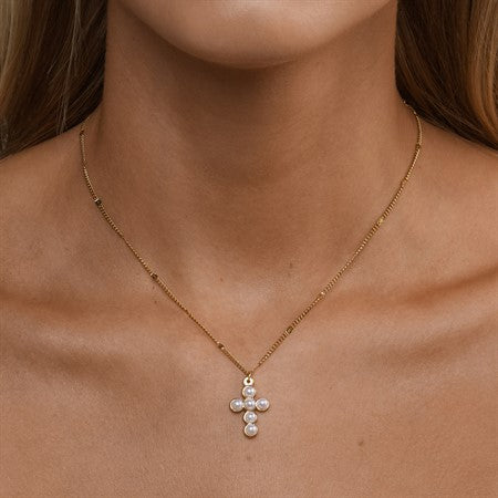Essie - Pearl Cross Pendant Dangling Necklace Stainless Steel Gold