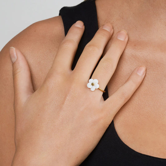 Ellen - White Flower Ring Adjustable Stainless Ste