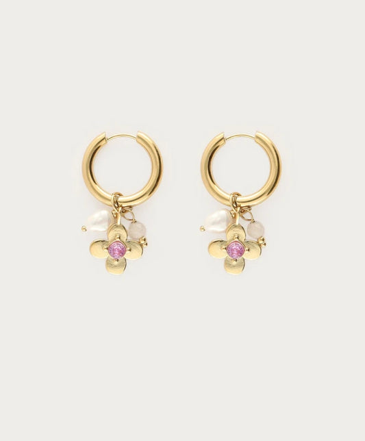 Earrings hoop 4 leafs pink strass